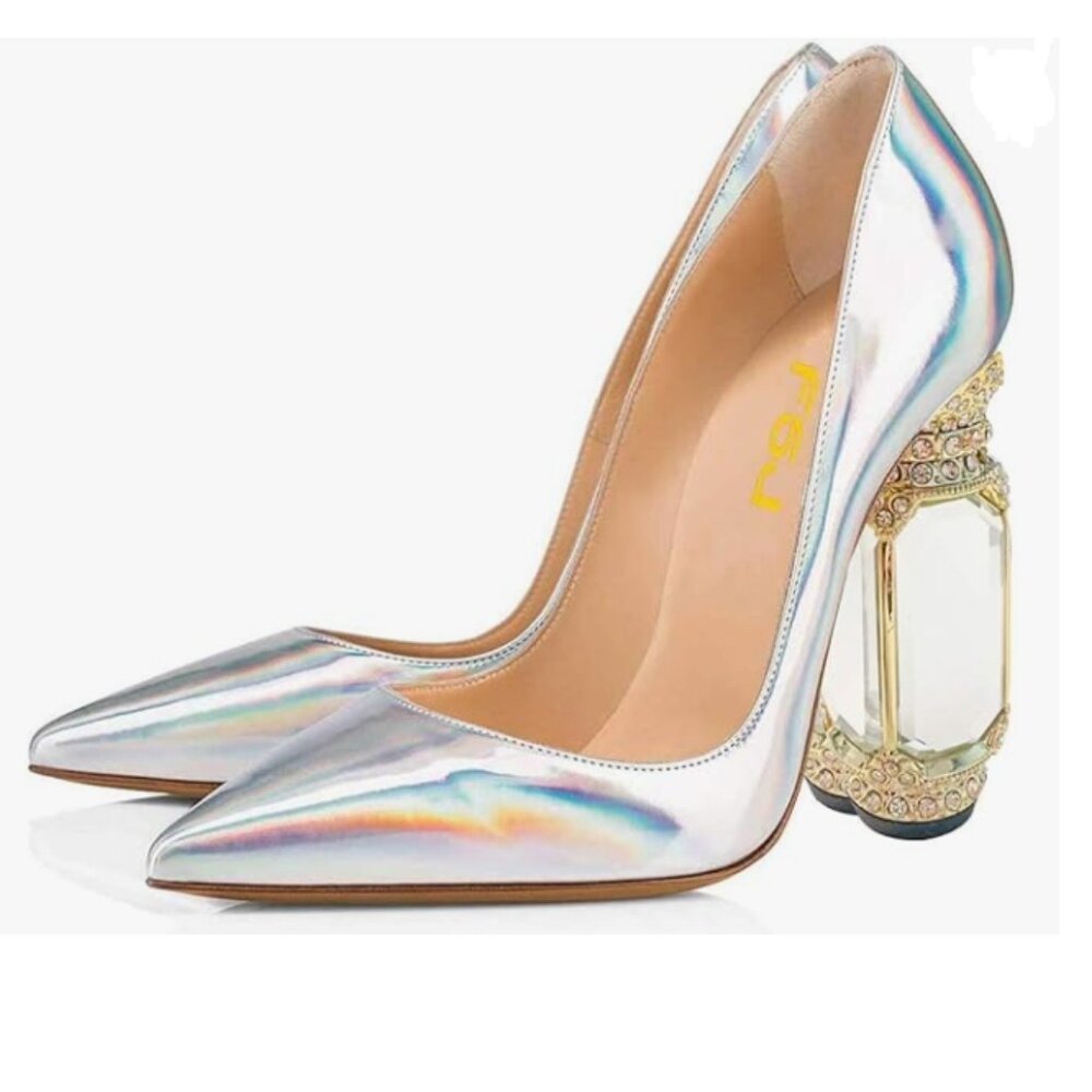 FSJ Silver Laser Bridal Pointed Toe Chunky High Heel Crystal Pumps Wedding Shoes